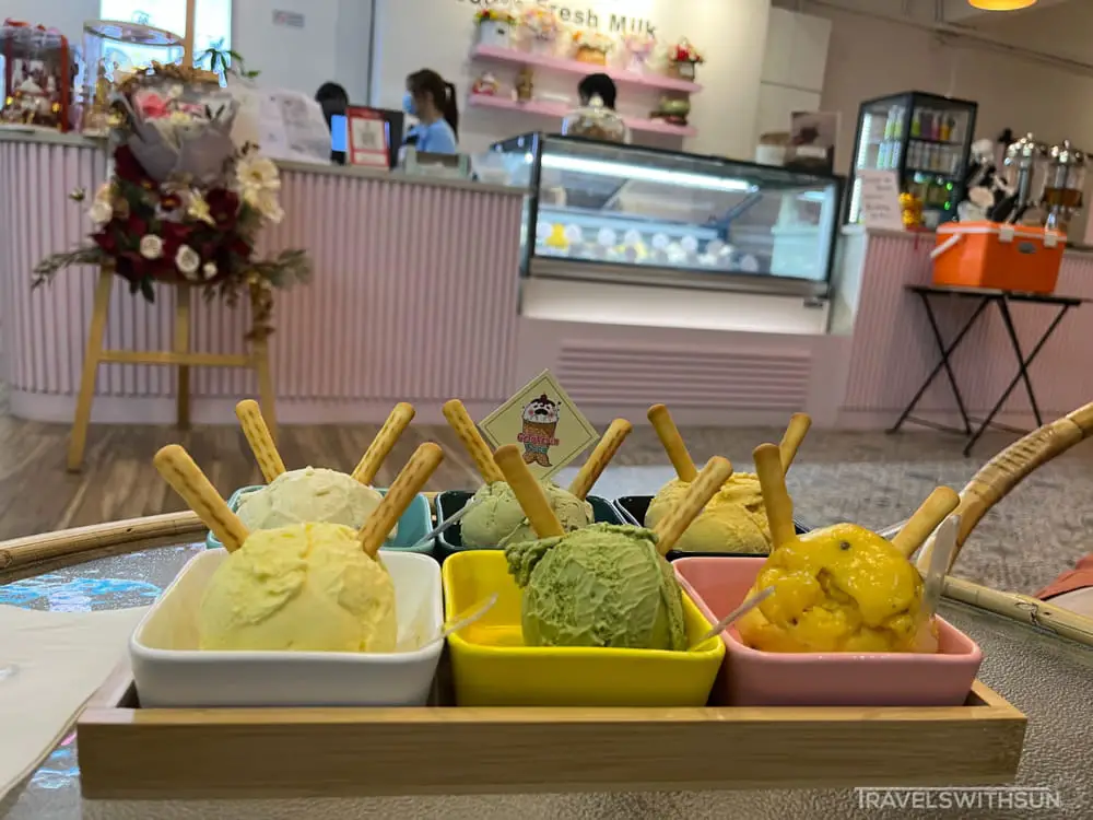 Bento Style Serving Of Assorted Gelato Flavors At Gelateria Foca Cafe