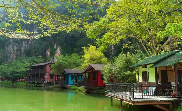Colorful lakeside chalets at Qing Xin Ling recreational park