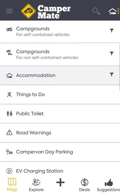 Filter buttons next to the accommodation and campsites categories on CamperMate
