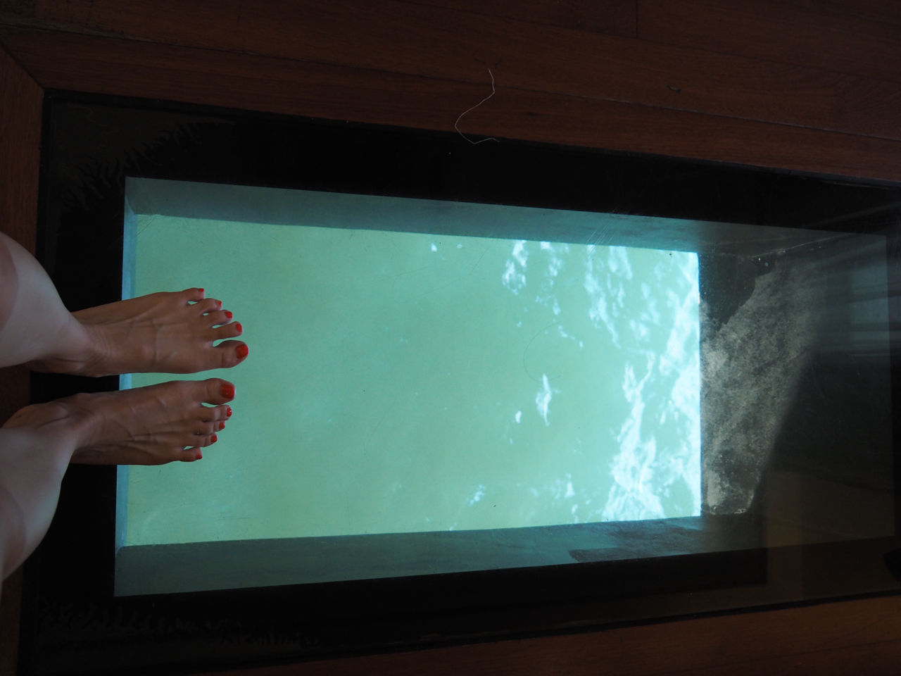 Glass panel on the floor of the chalet which lets you see the ocean below