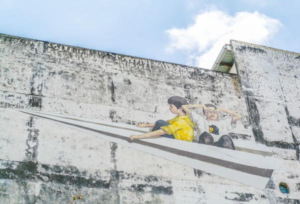 Ipoh Street Art Mural - Kids Riding An Paper Plane