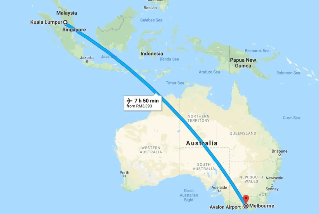 Our flight route from Kuala Lumpur, Malaysia to Melbourne, Australia