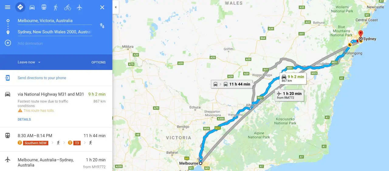 Alternate routes from Melbourne to Sydney - credits to Google Maps