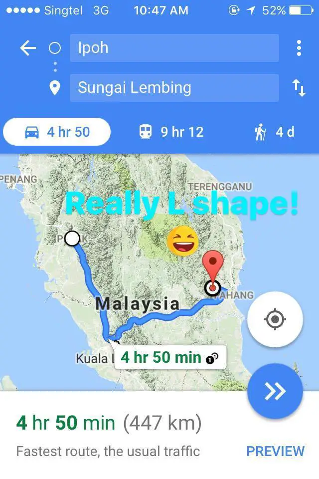 Our route from Ipoh to Sungai Lembing
