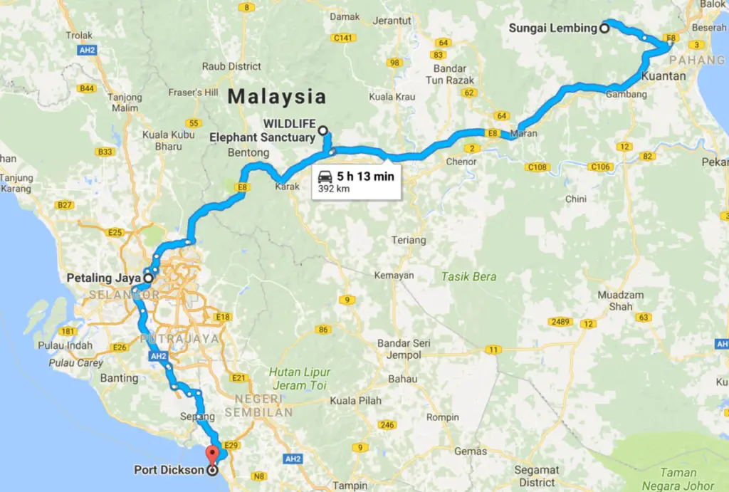 Our route from Sungai Lembing to Port Dickson, passing through Kuala Gandah