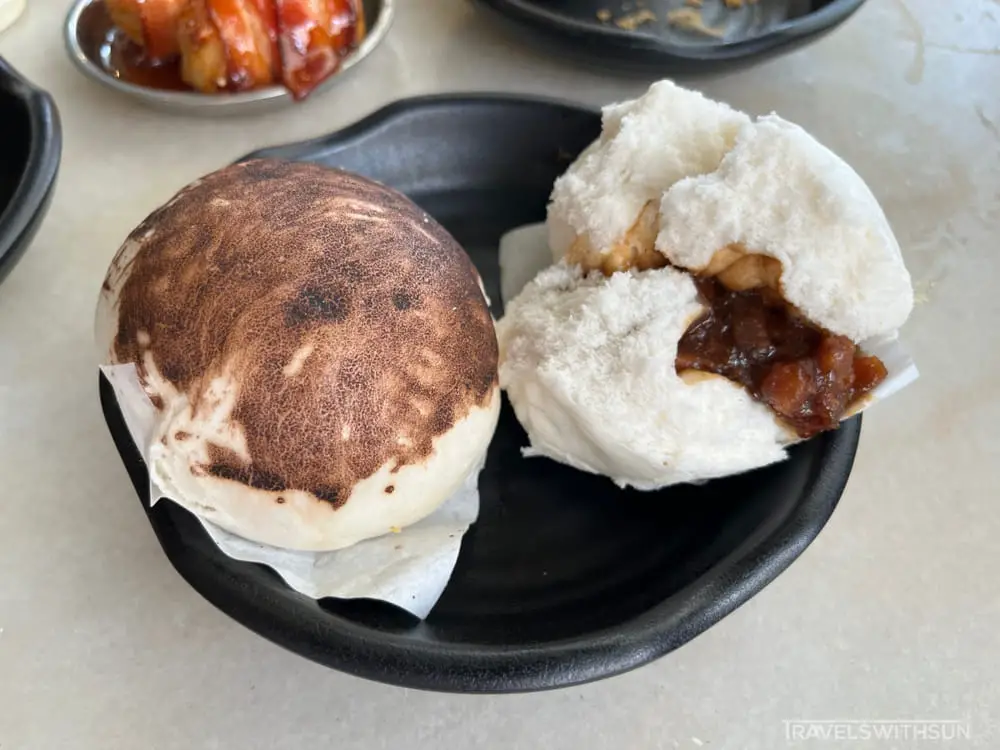 Steamed Red Bean Paste Bun and Char Siew Bao Side By Side At Fu Er Dai Dim Sum In Penang