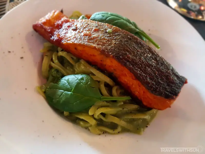Succulent & Fresh Salmon With Pesto Pasta And Basil Sauce At Undisclosed Location
