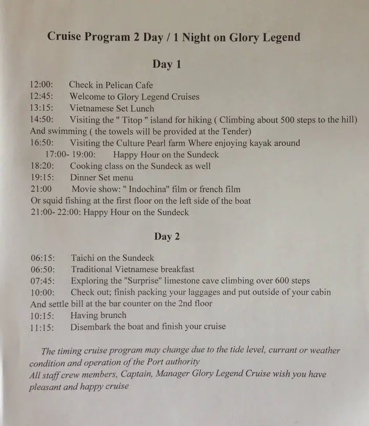 glory legend cruise - 2 days 1 night itinerary